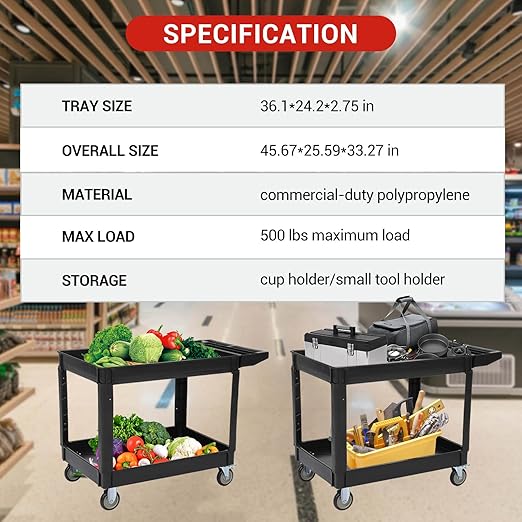 Utility Cart on Wheels, 500 lbs Capacity, 45 x 25 Inch Rolling Work Carts with Storage Handle, 2 Shelf Plastic Service Cart Suitable for Warehouse, Garage, School & Office, Cleaning, Black