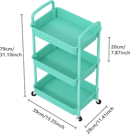 MOYIPIN 3-Tier Plastic Rolling Utility Cart with Handle,Utility Storage Cart for Office, Living Room, Kitchen,Movable Storage Organizer Shelves,Turquoise
