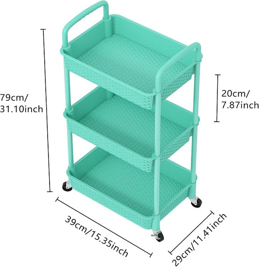 MOYIPIN 3-Tier Plastic Rolling Utility Cart with Handle,Utility Storage Cart for Office, Living Room, Kitchen,Movable Storage Organizer Shelves,Turquoise