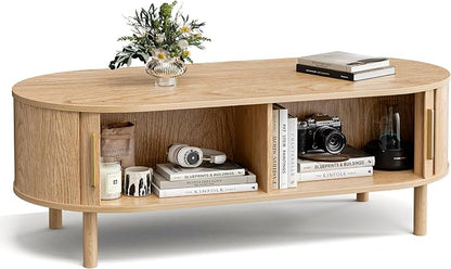 ZttRiee Coffee Table for Living Room, Modern Oval Coffee Table with Cabinets & Sliding Doors, Home Small Space, 47.2" Fluted Center Table, Natual