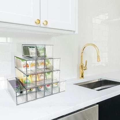AZEZO 16-Pack Tea Bag Drawers Organizer - 16 Clear Plastic Drawer Tea Bag Holder; Stackable & Portable; Wider Size; Well-Organized Storage for Tea Bags & Kitchen Essentials；High Volume