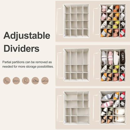TOPIA HOME Shoe Organizer for Closet 2 Pack, Foldable Shoe Box with Adjustable Dividers and Clear Cover, Space Saving Shoe Storage Organizer Cabinet with Reinforced Handles, Fits 32 Pairs Beige TP12Y