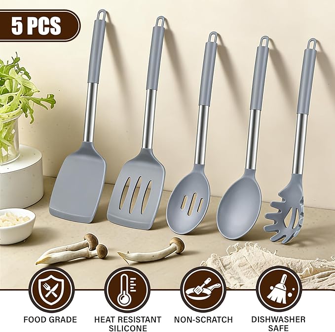 5Pcs Silicone Cooking Utensils Set, Heat Resistant Kitchen Tools Include Solid&Slotted Spatula, Cooking Spoon and Pasta Server, Silicone Kitchen Utensils set for Nonstick Cookware Flipping, Gray