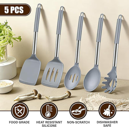 5Pcs Silicone Cooking Utensils Set, Heat Resistant Kitchen Tools Include Solid&Slotted Spatula, Cooking Spoon and Pasta Server, Silicone Kitchen Utensils set for Nonstick Cookware Flipping, Gray