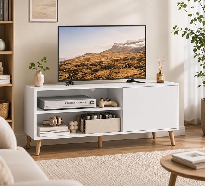 WLIVE TV Stand for 55 Inch TVs, Entertainment Center with Storage Cabinet, Mid-Century TV Stands for Living Room and Bedroom, 50" TV Console, White