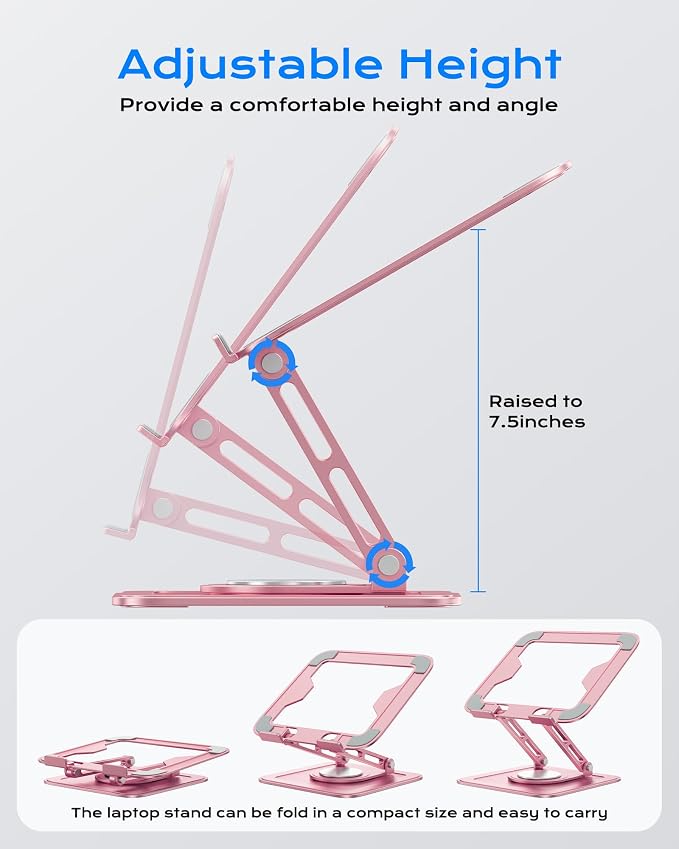 LOXP Adjustable Laptop Stand, Computer Stand with 360 Rotating Base, Ergonomic Laptop Riser Mount for Desk Foldable Protable Computer Desk Fits with MacBook Pro Air (10-16") - Pink
