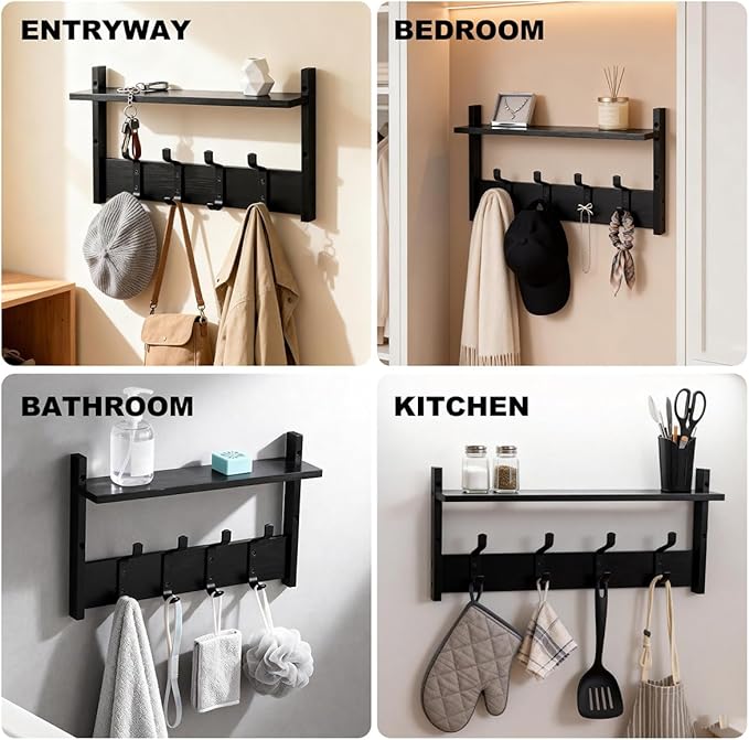 PEKER Coat Rack Wall Mount with Shelf, Solid Wood Entryway Organizer with 4 Metal Hooks, Wall-Mounted Organizer for Entryway, Bathroom, Bedroom & Kitchen, Hanging Rack for Coats, Hats, Bags & Towels