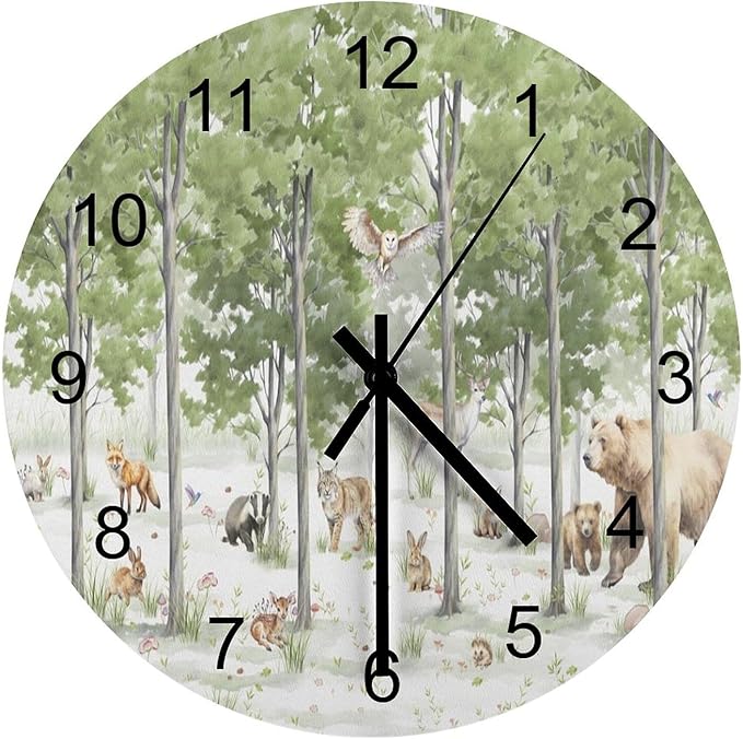 Forest Wood Wall Clock, Cartoon Forest Nature Animal Bear, Deer, Fox, Rabbit Style Pattern 12 Inch Silent Non-Ticking Battery Operated Round Clock for Bedroom Living Room Office Kitchen Decor