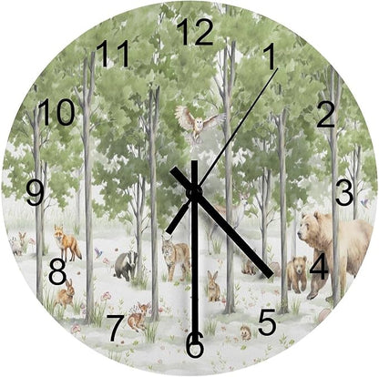 Forest Wood Wall Clock, Cartoon Forest Nature Animal Bear, Deer, Fox, Rabbit Style Pattern 12 Inch Silent Non-Ticking Battery Operated Round Clock for Bedroom Living Room Office Kitchen Decor