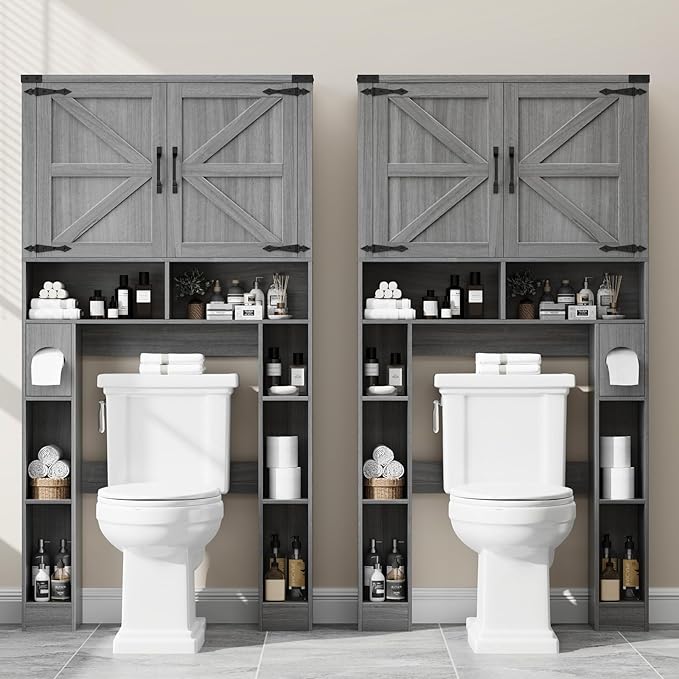 Vabches Over The Toilet Storage Cabinet, Farmhouse Storage Cabinet Over Toilet with 2 Barn Doors ，Toilet Paper Holder Stand，Home Space-Saving Toilet Rack, for Laundry, Restroom, Bathroom.Grey.