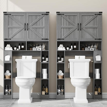 Vabches Over The Toilet Storage Cabinet, Farmhouse Storage Cabinet Over Toilet with 2 Barn Doors ，Toilet Paper Holder Stand，Home Space-Saving Toilet Rack, for Laundry, Restroom, Bathroom.Grey.