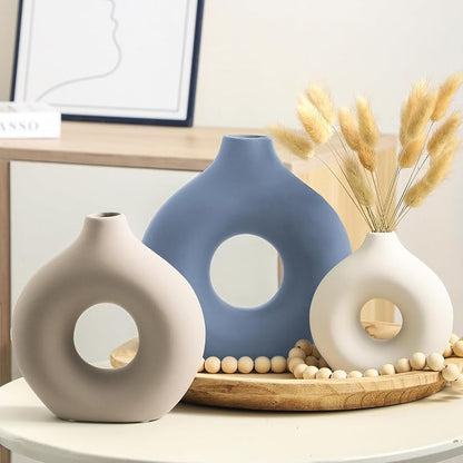 Vanselia Ceramic Vase Home Table Decor - Flower Vases Set of 3 Small Living Room Centerpiece Decorations for Shelf Bedroom Office Kitchen Dining Desk Modern Aesthetic Farmhouse Decorative (Blue)