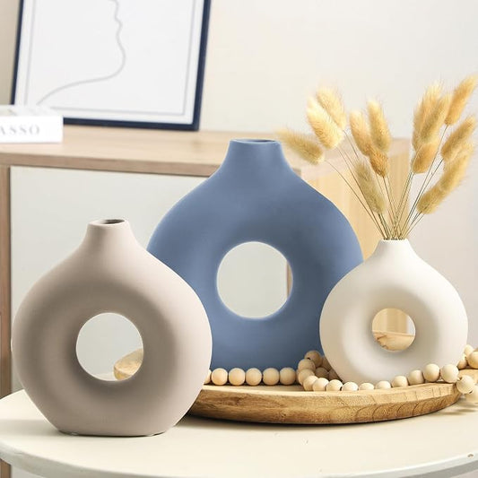 Vanselia Ceramic Vase Home Table Decor - Flower Vases Set of 3 Small Living Room Centerpiece Decorations for Shelf Bedroom Office Kitchen Dining Desk Modern Aesthetic Farmhouse Decorative (Blue)