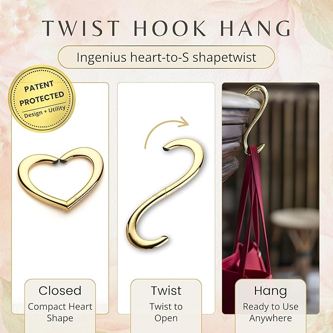 FafaConcepts 22K Gold Purse Hook Hanger, Heart Shape Charm – Ultra-Lightweight, Heavy duty S Hook for Cafe, Work & Travel | Holds Up to 30 lbs | Christmas Gift, Bag Holder, Stocking Stuffers for Women