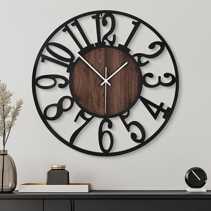 24'' Silent Wall Clock with Night Light, Glow in The Dark Decorative Wall Clock Battery Operated, Rustic Modern Metal & Wood Clocks for Bedroom Living Room Decor, Arabic Numerals