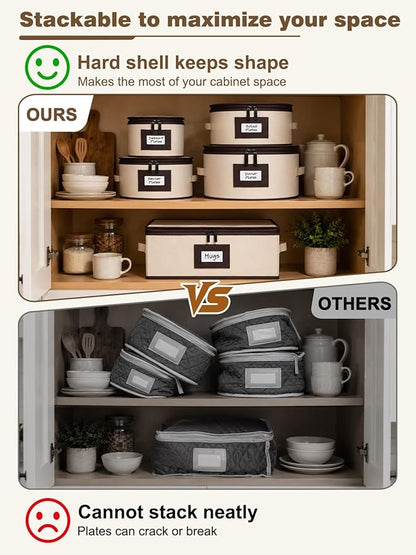 punemi Fine China Storage Containers With Dividers, Quilted Dish Storage Protectors With Hard Shell, Stackable Mug Storage Organizer For Moving & Dinnerware Plate Packing Supplies, Beige, 5-Piece Set
