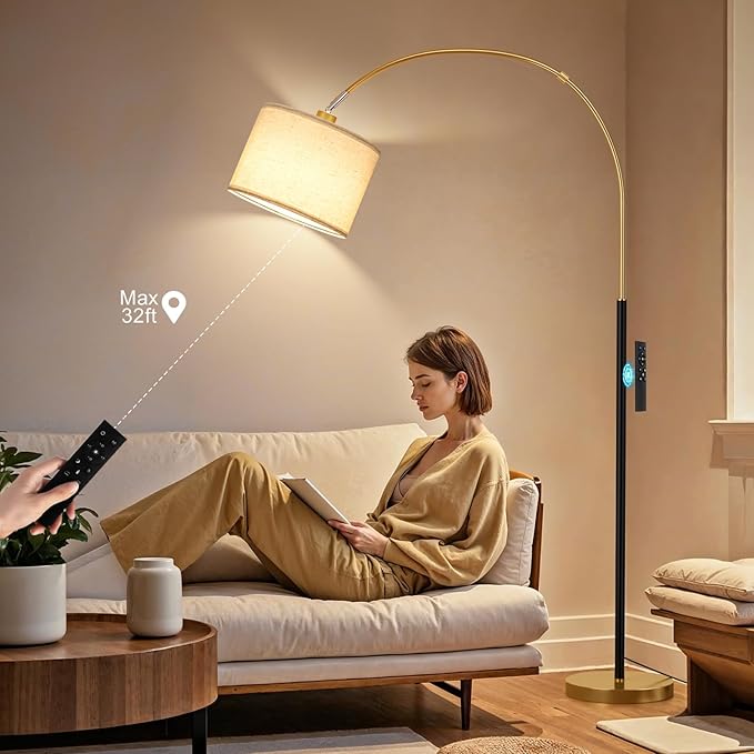 Ambimall Dimmable Arc Floor Lamp with Remote, Color Temperatures and Brightness Adjustable, Arched Floor Lamp with Rotating Head, Over Couch Arched Reading Light for Living Room (Black and Gold)