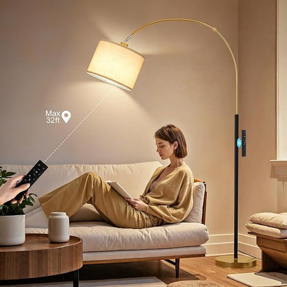 Ambimall Dimmable Arc Floor Lamp with Remote, Color Temperatures and Brightness Adjustable, Arched Floor Lamp with Rotating Head, Over Couch Arched Reading Light for Living Room (Black and Gold)