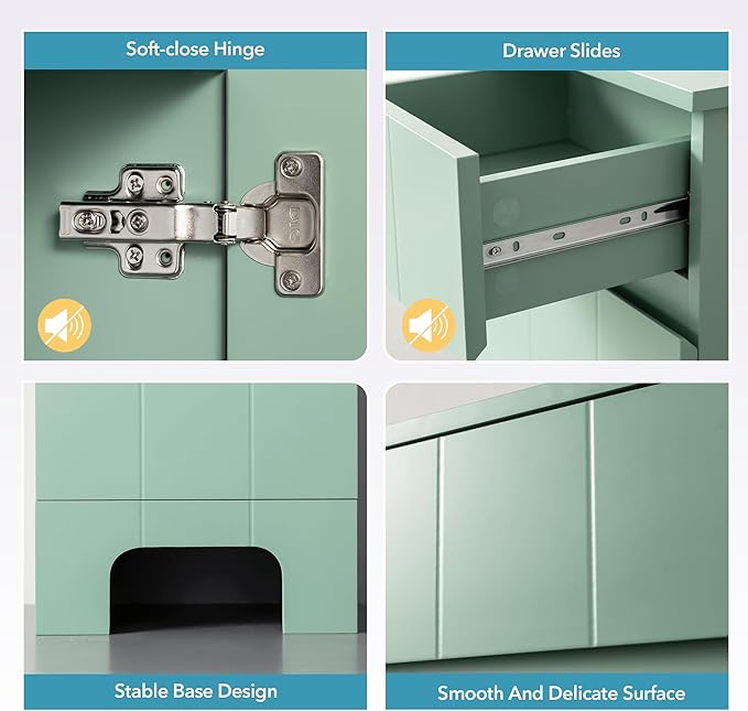 Small Bathroom Cabinet with Adjustable Shelves, Drawer, Anti-Tip Design, 14.96" L x 11.81" W x 32.09" H, Durable MDF for Bathroom, Kitchen, Laundry Storage, Soft-Close Door