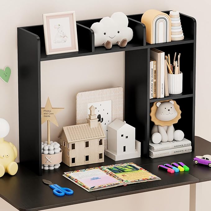 Desk Hutch, Desktop Shelf with 5 Shelves, Desk Bookshelf w/Anti-Toppling Devices, Wood Table Top Bookshelf Organizer, Small Desk Shelf for Study, Office, Dorm (Black, 5 Shelves)