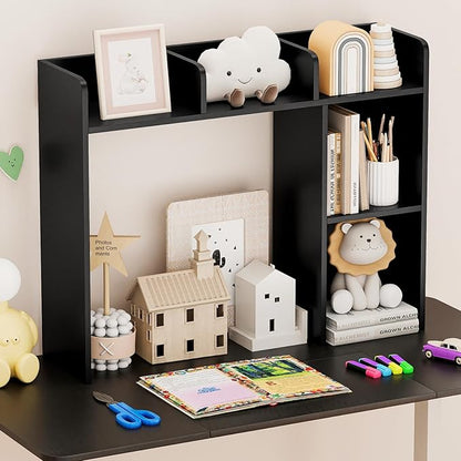 Desk Hutch, Desktop Shelf with 5 Shelves, Desk Bookshelf w/Anti-Toppling Devices, Wood Table Top Bookshelf Organizer, Small Desk Shelf for Study, Office, Dorm (Black, 5 Shelves)