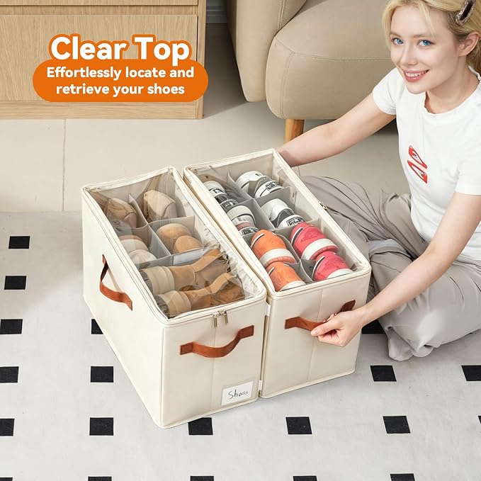 4 Pack Shoe Organizer for Closet, Space Saving, Beige | Fits 16-32 Pairs, Adjustable Dividers, Clear Cover, Reinforced Handles, Stackable & Foldable Shoe Storage Box