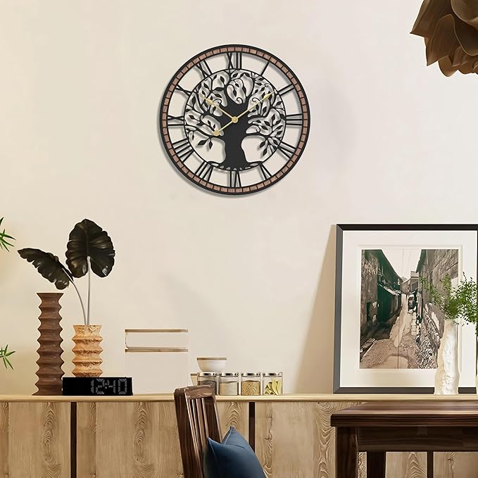 Micasso Non-Ticking Large Wall Clock: 15Inch Tree of Life Metal Black with Solid Wood Frame - Battery Operated Silent Clock for Living Room/Office/Bedroom/Kitchen - Home Decor for Teen
