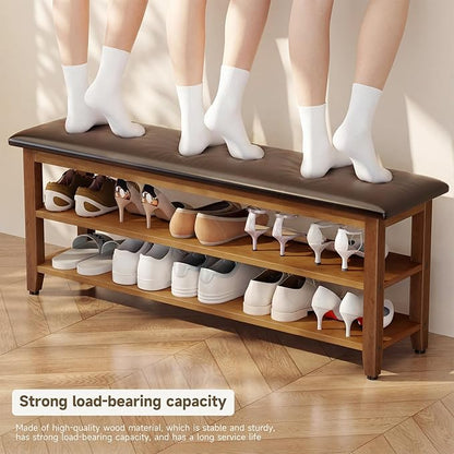 Shoe Bench with Leather Cushion,Wood Bench with Shoe Rack,2-Tier Shoe Storage Organizer for Entryway,Hallway,Living Room (Brown, 2-Tier-47.3")
