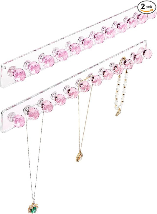 Heesch Necklace Holder Pink, Acrylic Necklace Hanger Wall Mount, Hanging Necklace Organizer, Jewelry Hooks for Necklaces, Bracelets, Chains (2-pack Pink)
