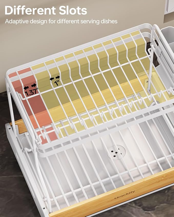 Urackify 2-Tier Dish Drying Rack, Large Stainless Steel & Bamboo Dish Rack for Kitchen Counter, Dish Drainers with Adjustable Automatic Spout, Drying Rack Kitchen with Utensil Holder, White