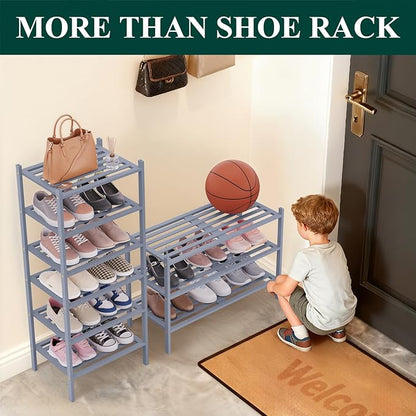 Smiry Long Bamboo Shoe Rack 3-Tier, Stackable Wooden Shoe Organizer for Entryway & Closet, Free Standing Wood Shoe Storage Shelf for Front Door & Small Spaces, Grey