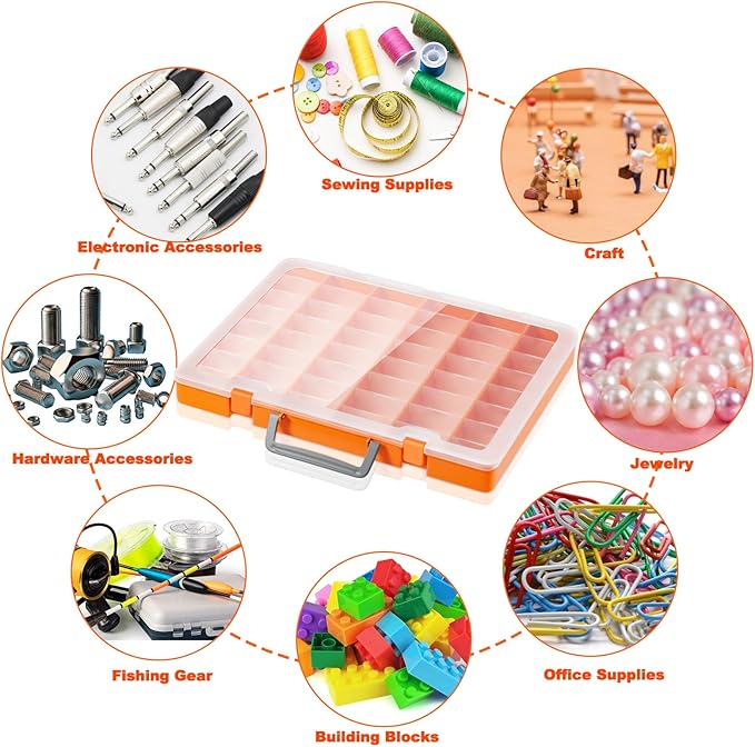 Bluedale 2 Pack 48 Grids Large Plastic Organizer Box with Adjustable Dividers, Beads Storage Containers Compartment Tackle Box Case for Crafts Hobby Small Parts Fishing Seeds Jewelry (Orange)