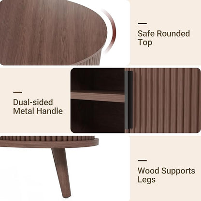 Seang Fluted Coffee Table with Storage,39" Oval Coffee Table with Dual Sliding Doors,Wooden Center Table for Living Room Home Office,Walnut