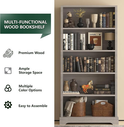 TVU 5-Tier Wooden Bookshelf, 65" Tall Farmhouse Style Open Bookcase, 31.5" W Standing Book Shelf with Storage, Suitable for Study, Living Room, Office, Grey