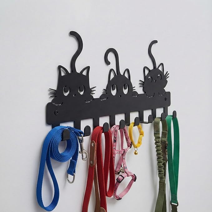 Key Hooks Holder for Wall Mounted with 8 Hooks, Black Cute Cat Key Hanger Rack Wall Decorative for Home, with Mounting Hardware, Dog Leash Holder, Entryway, Hallway, Office Ready to Hang