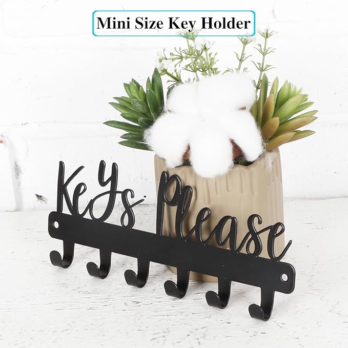 Mini Keys Please Holder on Wall,Small Key Holder Wall Mounted,Black Metal Decorative Key Rack Hooks for Garage,Mudroom,Hallway,Entryway,Front Door,Office(Mini Size:7.28 x 2.95 inch)