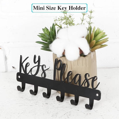 Mini Keys Please Holder on Wall,Small Key Holder Wall Mounted,Black Metal Decorative Key Rack Hooks for Garage,Mudroom,Hallway,Entryway,Front Door,Office(Mini Size:7.28 x 2.95 inch)