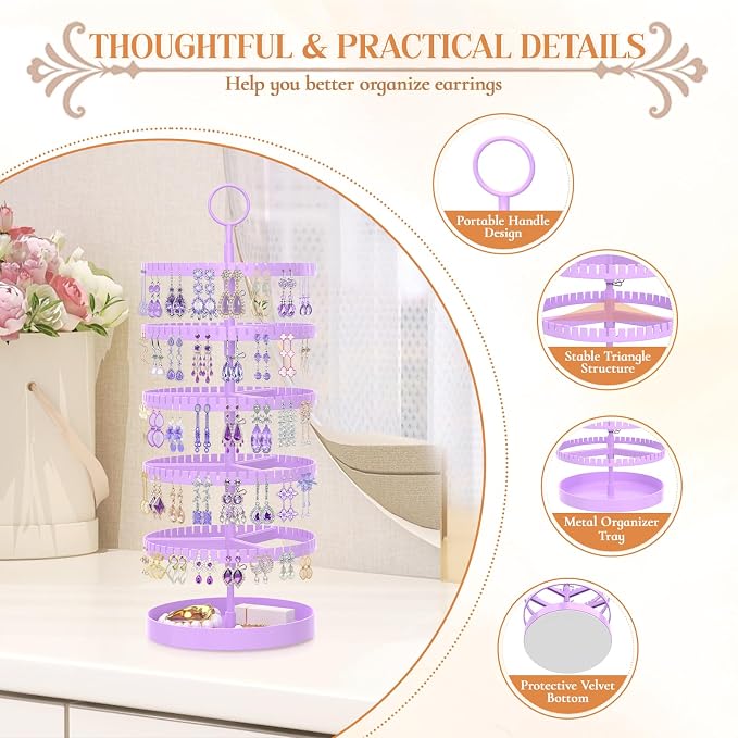 iDavosic.ly 5 Tier Rotating Earring Holder Organizer with Metal Tray, Adjustable Plastic Dangle Display Stands Tree with 285 Grooves, Large Hoop Storage Rack Tower, Purple