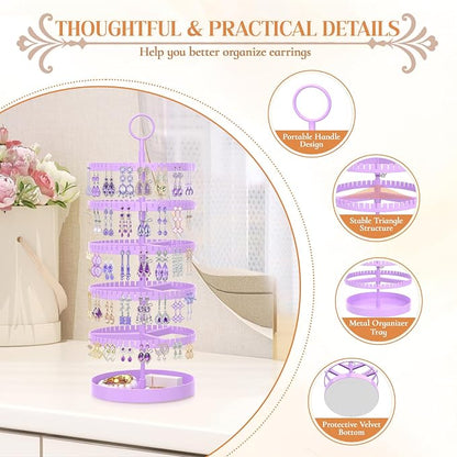 iDavosic.ly 5 Tier Rotating Earring Holder Organizer with Metal Tray, Adjustable Plastic Dangle Display Stands Tree with 285 Grooves, Large Hoop Storage Rack Tower, Purple