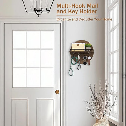 Key Holder for Wall Decorative with Shelf and Hooks, Unique Mail Organizer Wall Mount with Sunglasses Holder, Cute Circular Design Entryway Key Rack Hanger, Rustic Home Decor Boho Wall Decor