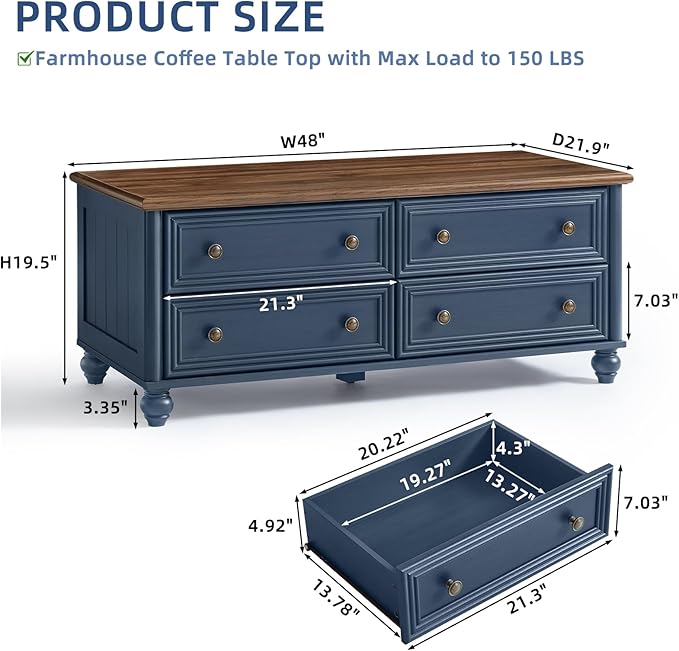 48" Farmhouse Coffee Table with Hidden Storage,Wooden Coffee Tables with 4 Drawers & Roman Column Handle,Rectangular Rustic Center Table with Solid Wood Curved Legs for Living Room,Office,Blue