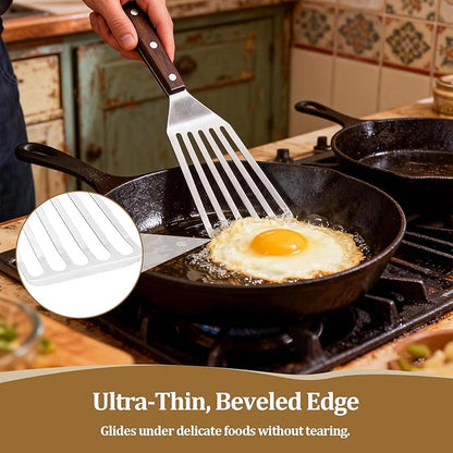 Fish Spatula Wide Slot, Premium Stainless Steel with Wood Handle for Flipping Fish, Eggs, Pancakes & Burgers (Large)