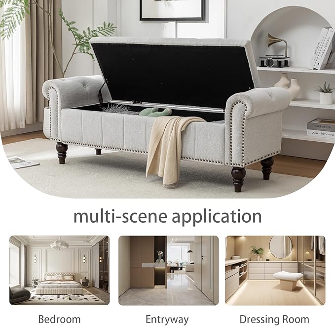 HOMEFLEX 58” Long Storage Bench, Upholstered Ottoman with Tufted Trim, Large End-of-Bed Bench for Bedrooms, Living Rooms, and Entryways (Silver)