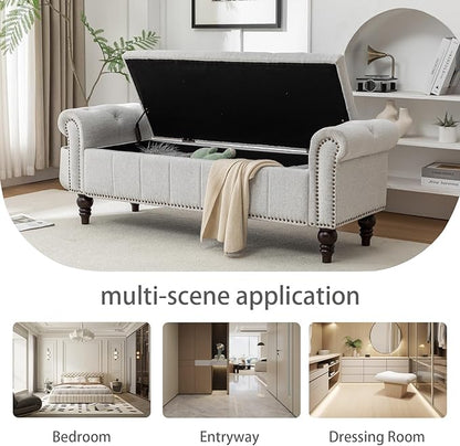 HOMEFLEX 58” Long Storage Bench, Upholstered Ottoman with Tufted Trim, Large End-of-Bed Bench for Bedrooms, Living Rooms, and Entryways (Silver)