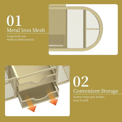 SUPEASY Mesh Desk Organizer, Desk Organizers and Accessories, Pen Holder with Drawers, Pencil Holder for Desk with 2 Drawer for Office Supplies, Golden yellow