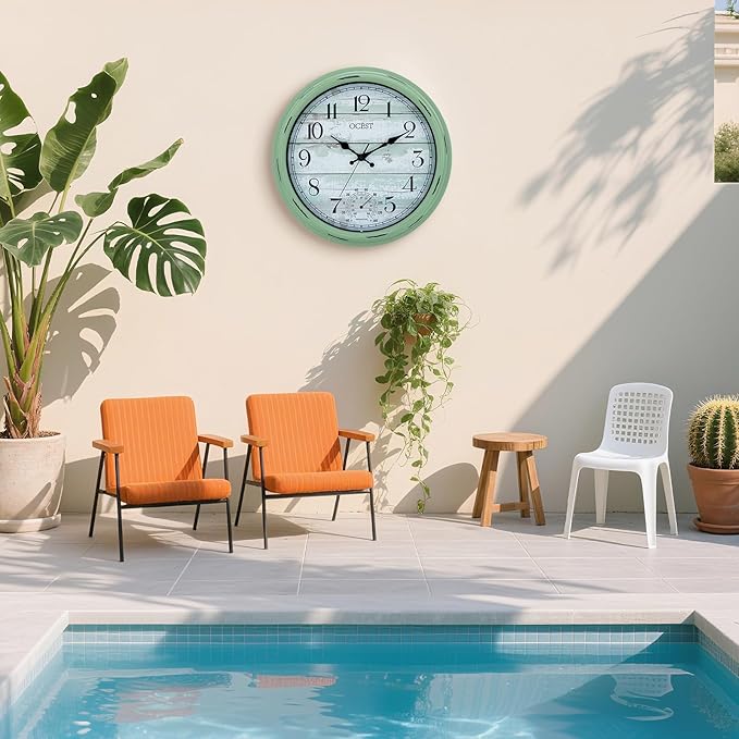 OCEST 16 Inch Indoor Outdoor Clock, Waterproof Large Wall Clock with Thermometer, Silent Non-Ticking Battery Operated Decor for Patio Pool Porch Garden Garage（Retro Green）