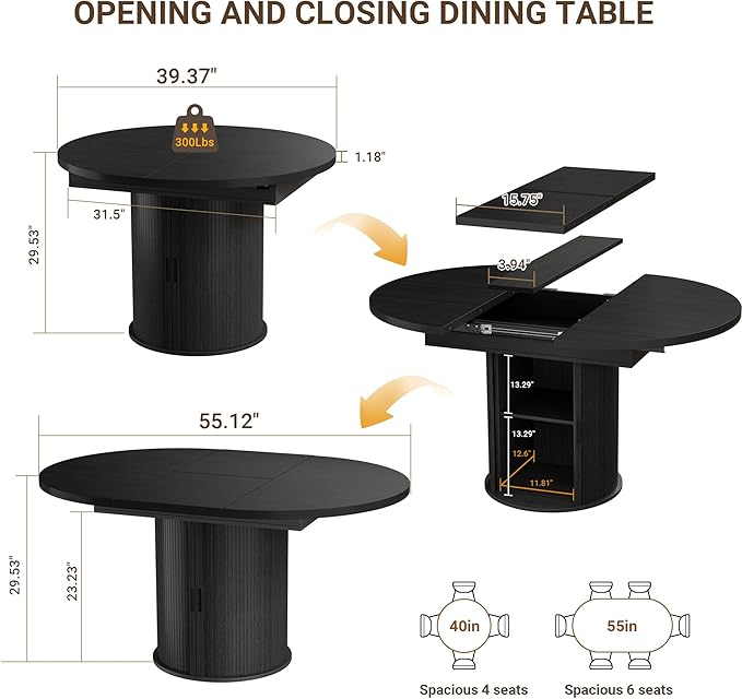 40-55in Black Round Dining Table for 4–6, Modern Expandable Dining Table, Oval Dinner Table with Removable Leaves Space Saving, Kitchen Table for Dining Room,Apartments or Meeting Rooms