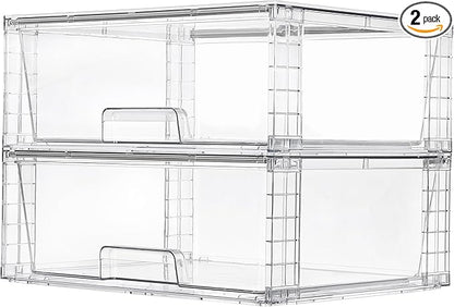 Vtopmart 2 Pack Large Stackable Storage Drawers,Easily Assemble Clear Acrylic Bathroom Closet Undersink Organizers,Plastic Storage Bins for Cabinet,Kitchen Pantry,Medicine Organization