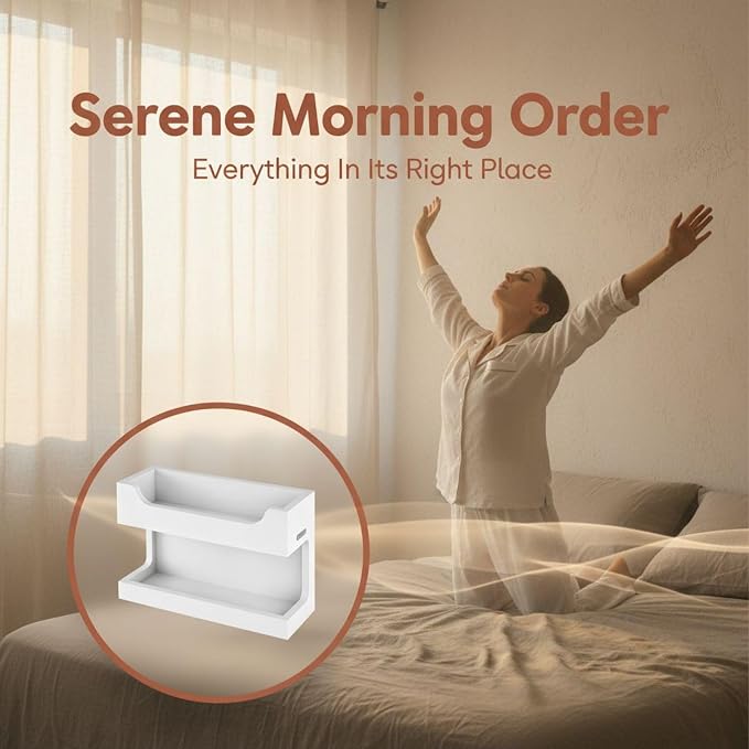 Wooden Bedside Caddy, Wall Mounted Shelf with Dual Storage Layers, Bedside Accessories Organizer with Charging Port for Phone, Remote, Earphone, Glasses