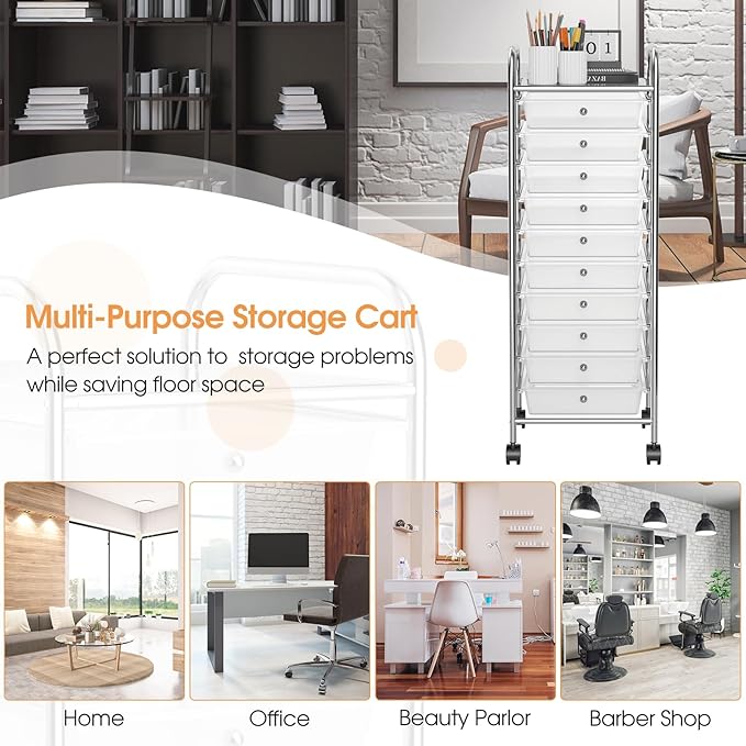RELAX4LIFE Storage Cart W/10 Drawers,Rolling Wheels Semi-Transparent Multipurpose Mobile Cart for School, Office, Home, Beauty Salon Files Arrangement Storage Organizer Cart (Clear)